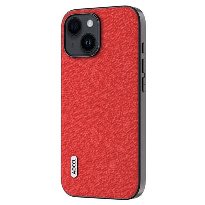 ABEEL - ABEEL Mobilskal till iPhone 14 Cross Texture Äkta Läder och TPU - Röd