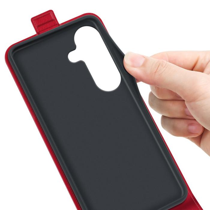OEM - Mobilskal till Samsung Galaxy S26 Med Kortfickor Vertikal Flip Äkta Läder - Röd