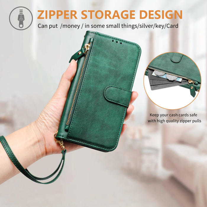 A-One Brand - iPhone 17 Pro Plånboksfodral Zipper Pocket Läder - Grön