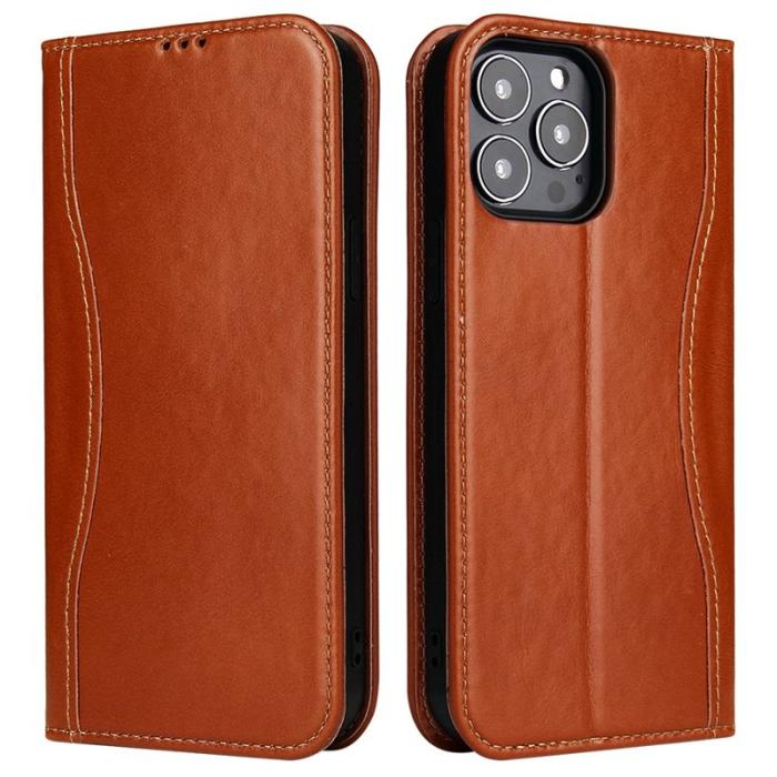 FIERRE SHANN - FIERRE SHANN iPhone 14 Pro Max Plånboksfodral Äkta läder - Brun