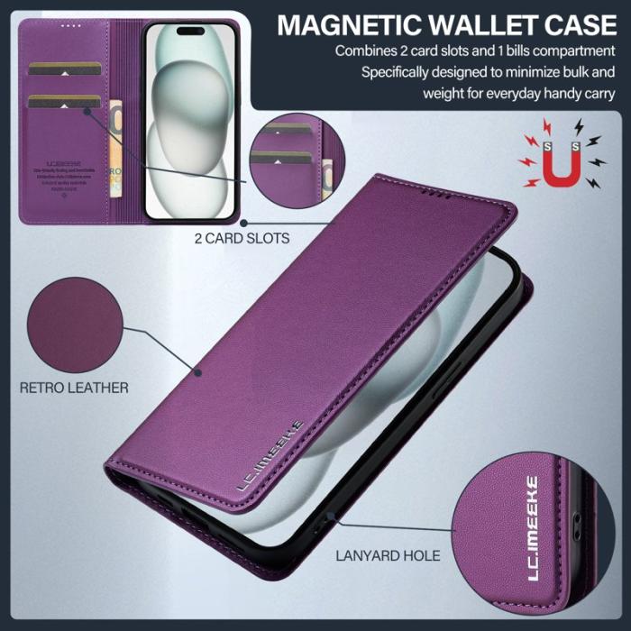 LC.imeeke - LC.IMEEKE L1 Series iPhone 15 Plånboksfodral Konstläder - Lila