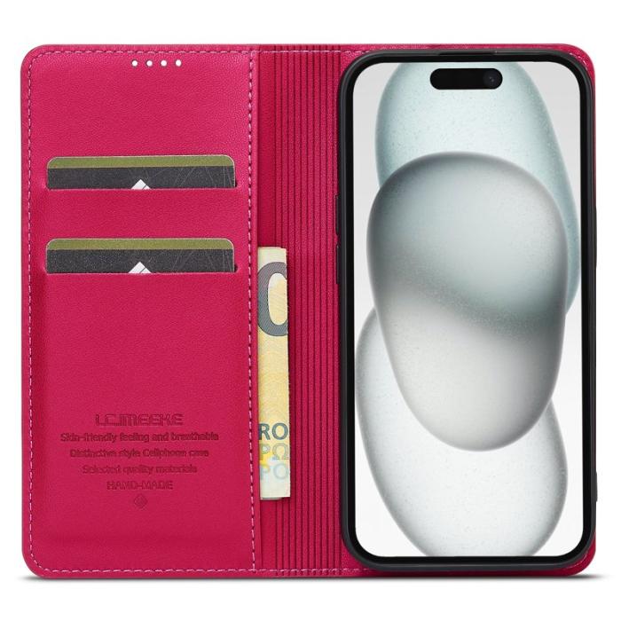 LC.imeeke - LC.IMEEKE L1 Series iPhone 15 Plånboksfodral Konstläder - Röd
