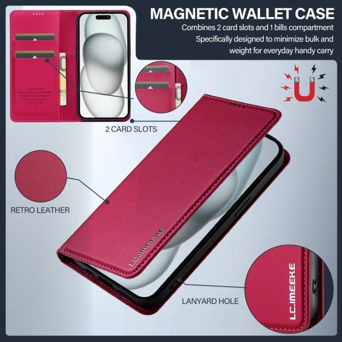 LC.imeeke - LC.IMEEKE L1 Series iPhone 15 Plånboksfodral Konstläder - Röd
