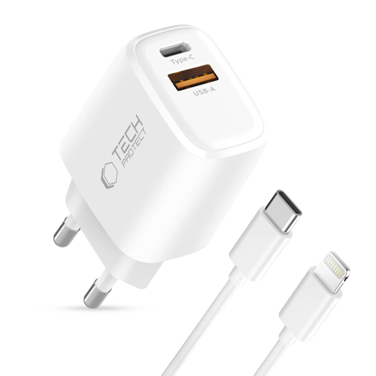 Tech-Protect Väggladdare 20W med USB-C Till Lightning Kabel - Vit | 505295 | AlltMobil