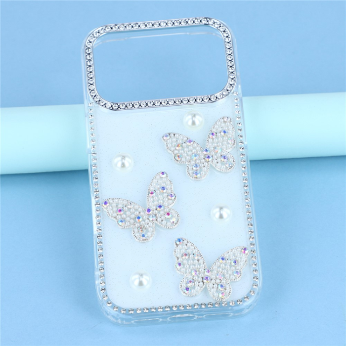 A-One Brand - iPhone 17 Pro Max Mobilskal Rhinestone Edge Pearl Butterfly