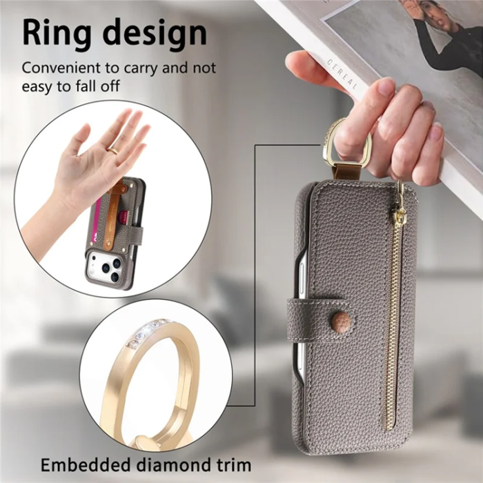 A-One Brand - iPhone 17 Pro Max Konstläder Plånboksfodral RFID-Skydd Zipper - Grå