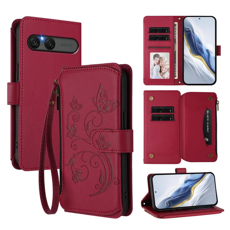 Sony Xperia 10 VII Plånboksfodral Butterfly Floral - Vinröd | 2353 | AlltMobil
