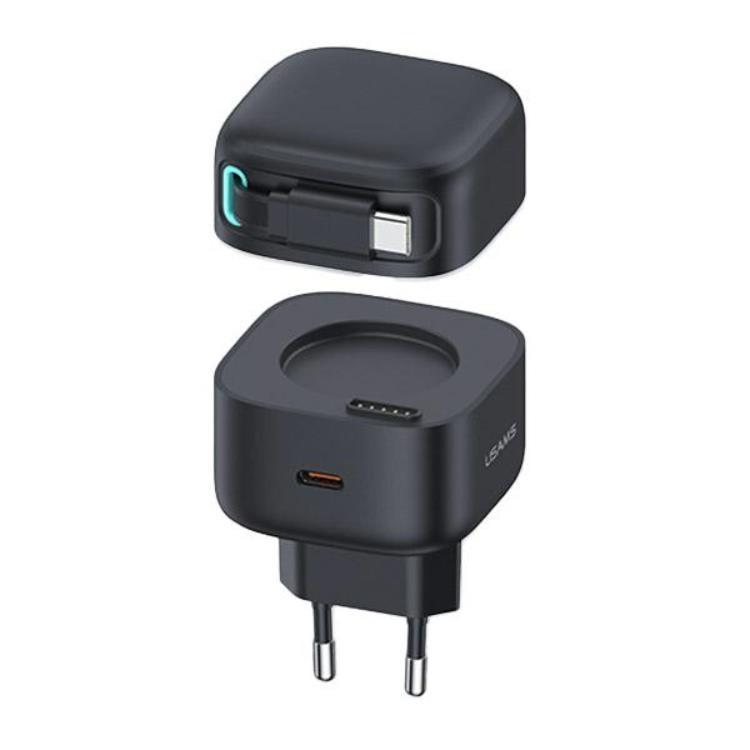 USAMS Väggladdare 1xUSB-C m utdragbar kabel PD+QC 35W GaN - Svart