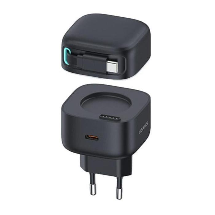 USAMS - USAMS Väggladdare 1xUSB-C m utdragbar kabel PD+QC 35W GaN - Svart