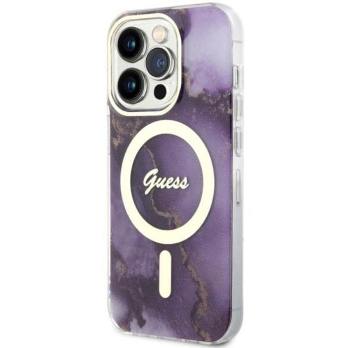 Guess - Guess iPhone 14 Pro Mobilskal MagSafe Guld Marble - Lila