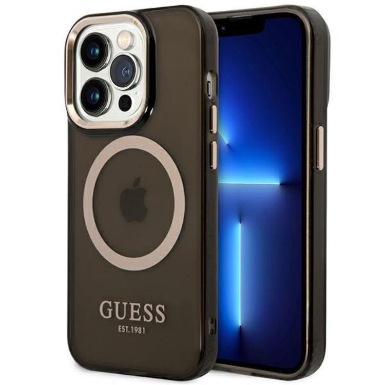 GUESS iPhone 14 Pro Max Skal Magsafe Gold Outline Translucent - Svart | 2353 | AlltMobil