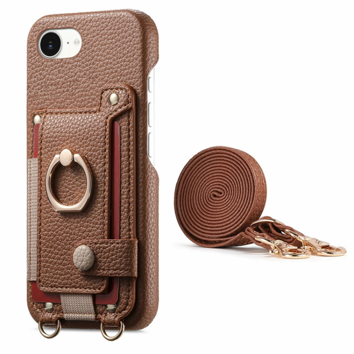 A-One Brand - iPhone 16e Mobilskal med Korthållare Ring Kickstand - Brun
