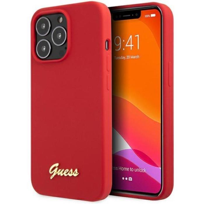 Guess - Guess iPhone 13 Pro Max Mobilskal Silicone Script Gold Logo - Röd
