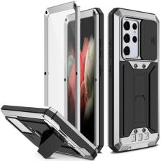 R-JUST - RJUST Kickstand Metall Mobilskal med Sk&auml;rmskydd f&ouml;r Galaxy S21 Ultra 5G Silver