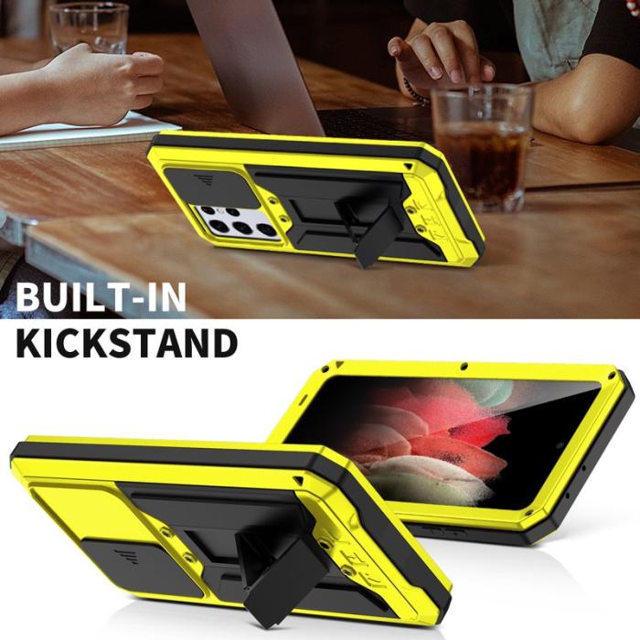 R-JUST - R-JUST Kickstand Metall Mobilskal med Skärmskydd för Galaxy S21 Ultra 5G - Gul