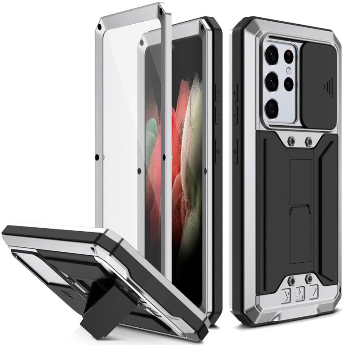 R-JUST - RJUST Kickstand Metall Mobilskal med Skärmskydd för Galaxy S21 Ultra 5G Silver