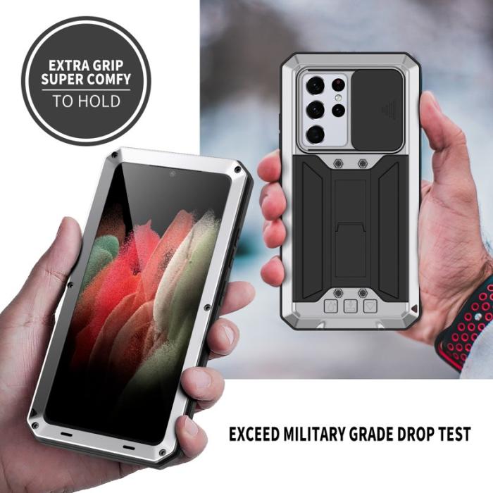 R-JUST - RJUST Kickstand Metall Mobilskal med Skärmskydd för Galaxy S21 Ultra 5G Silver