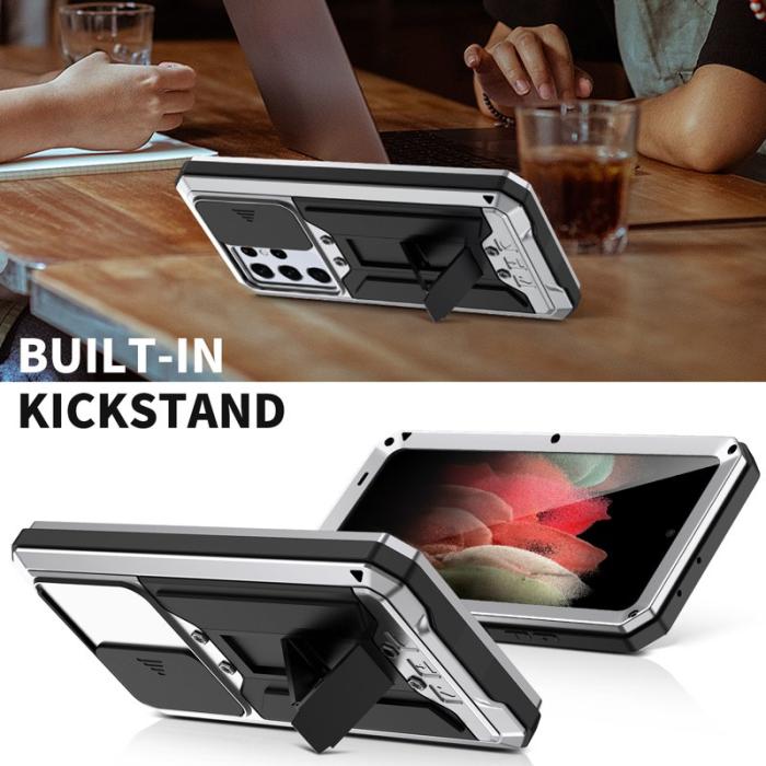 R-JUST - RJUST Kickstand Metall Mobilskal med Skärmskydd för Galaxy S21 Ultra 5G Silver