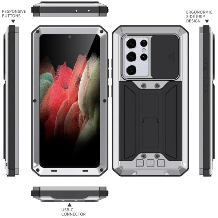 R-JUST - RJUST Kickstand Metall Mobilskal med Skärmskydd för Galaxy S21 Ultra 5G Silver