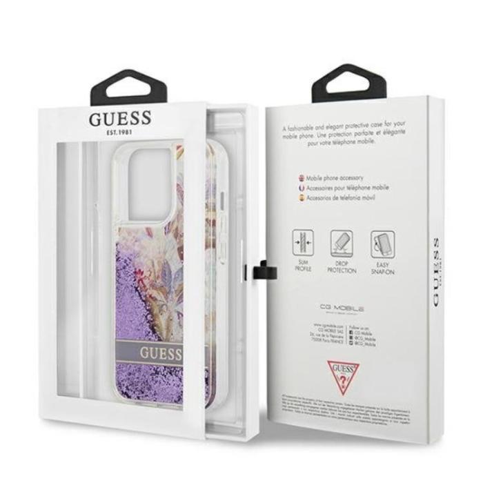 UTGATT1 - Guess iPhone 13 Pro/13 Skal Flower Liquid Glitter - Lila