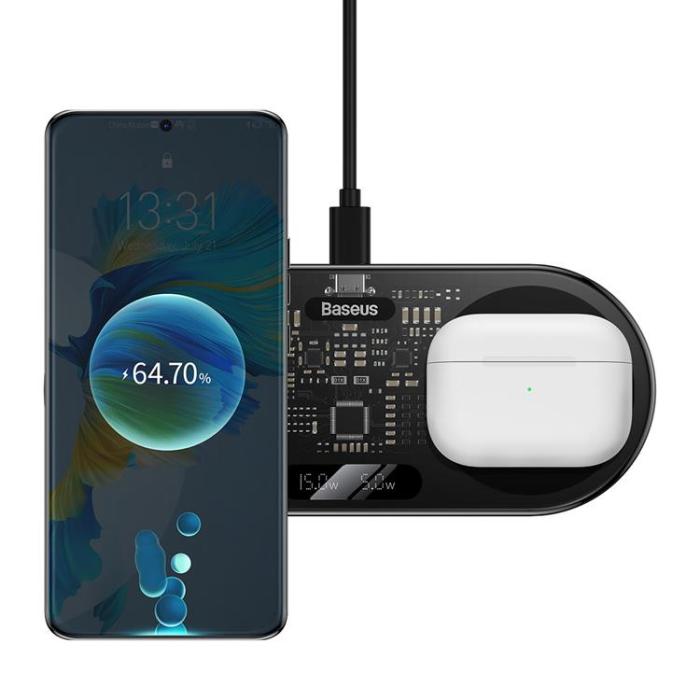 BASEUS - Baseus 2-in-1 Trådlös Laddare Digital LED Display 20W - Svart