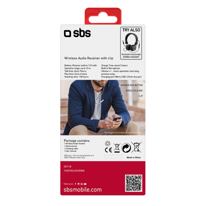 SBS - SBS Stereo-Hörlurar med Bluetooth Adapter Trådlös Mottagare - Vit