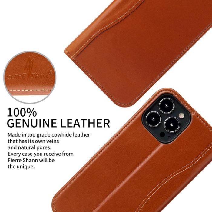 FIERRE SHANN - FIERRE SHANN iPhone 14 Pro Max Plånboksfodral Äkta läder - Brun