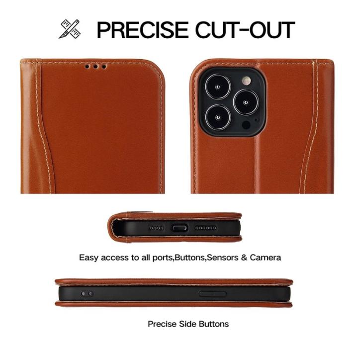 FIERRE SHANN - FIERRE SHANN iPhone 14 Pro Max Plånboksfodral Äkta läder - Brun