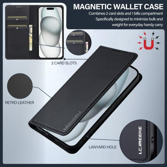 LC.imeeke - LC.IMEEKE L1 Series iPhone 15 Plånboksfodral Konstläder - Svart