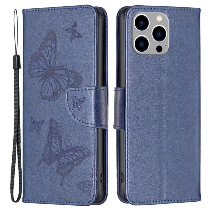 OEM - iPhone 14 Pro Max Plånboksfodral Butterflies Imprinted - Mörkblå
