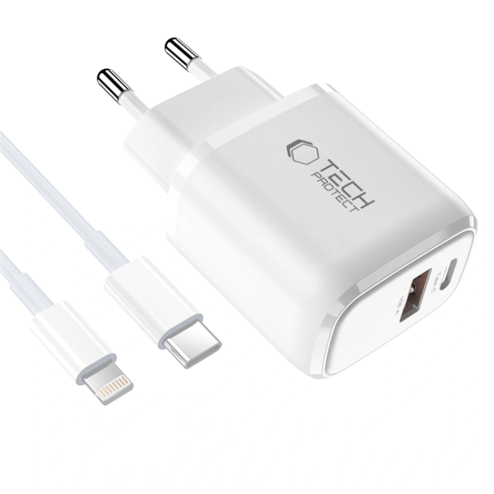 Tech-Protect - Tech-Protect Väggladdare 20W med USB-C Till Lightning Kabel - Vit