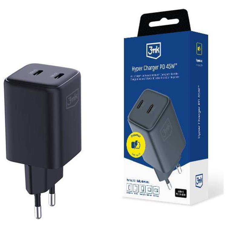 3MK Snabbladdare 45W 2xUSB-C QC4+ PPS 2C Super Fast - Svart | 505295 | AlltMobil