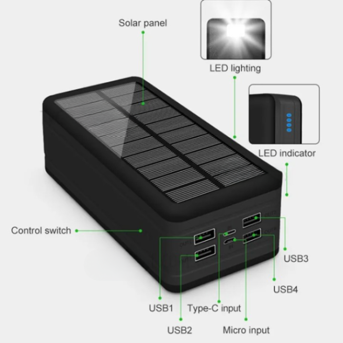 A-One Brand - Solar Powerbank 50000mAH med Camping Light - Svart