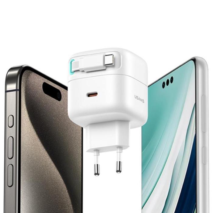 USAMS - USAMS Väggladdare 1xUSB-C m utdragbar kabel PD+QC 35W GaN - Svart