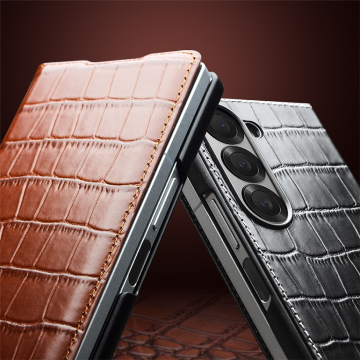QIALINO - QIALINO Galaxy Z Fold 6 Fodral Äkta Läder Cowhide Crocodile