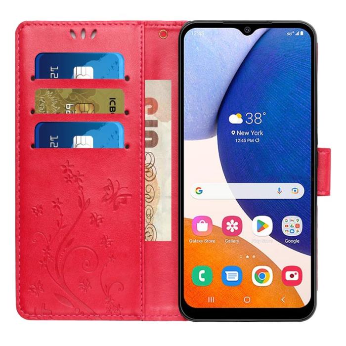 OEM - Samsung Galaxy S26 Plus Plånboksfodral Konstläder Fjäril Blommor - Röd