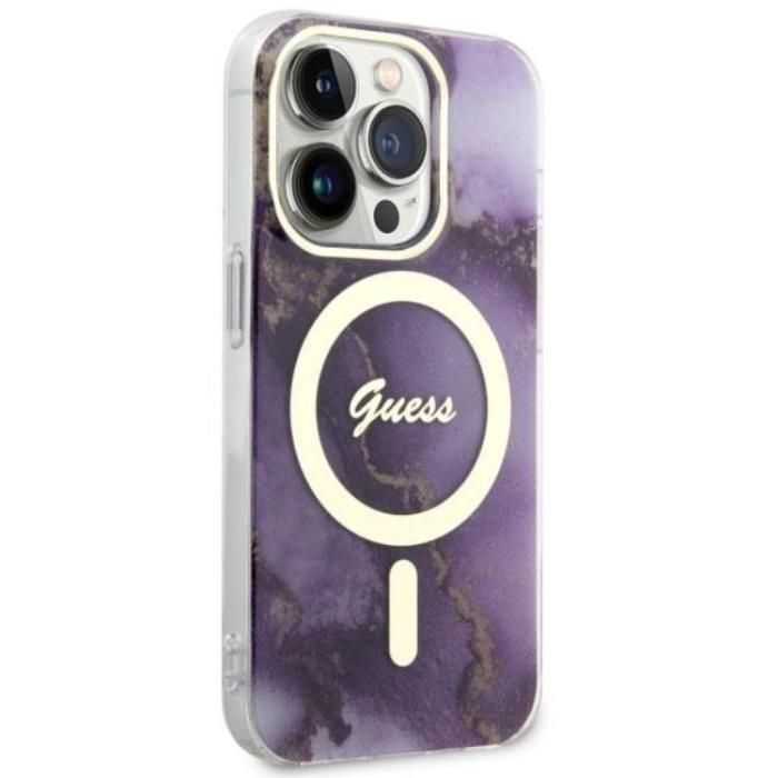 Guess - Guess iPhone 14 Pro Mobilskal MagSafe Guld Marble - Lila