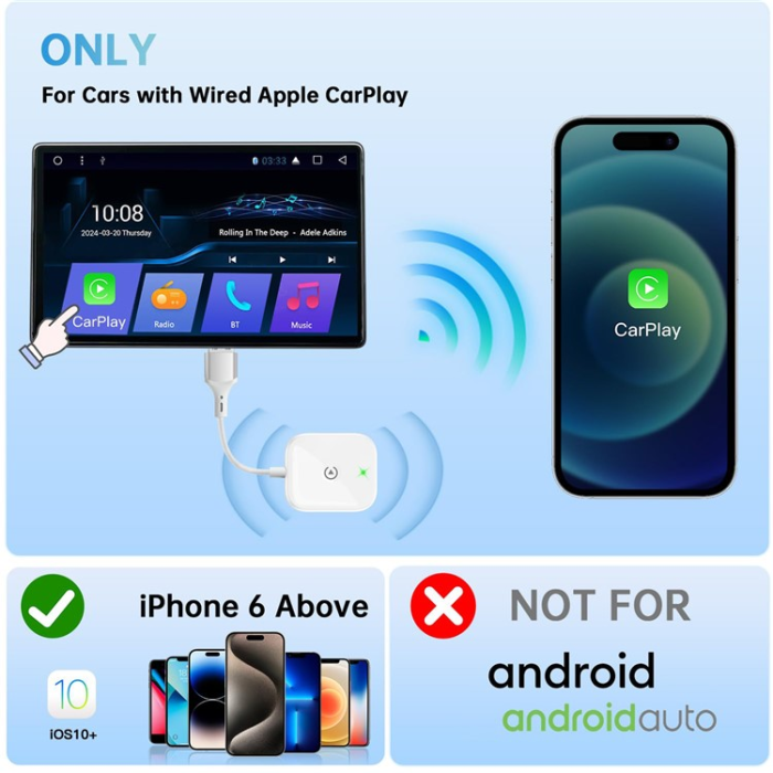 A-One Brand - CarPlay Trådbunden Trådlös Adapter Dongle - Vit
