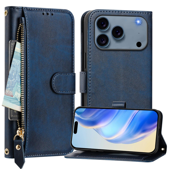 A-One Brand - iPhone 17 Pro Plånboksfodral Zipper Pocket Läder - Blå