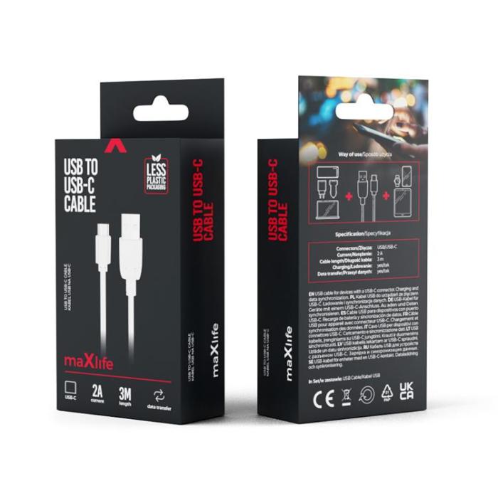 Maxlife - Maxlife USB-A Till USB-C Kabel 3m 2A - Vit