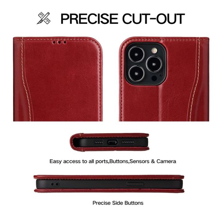 FIERRE SHANN - FIERRE SHANN iPhone 14 Pro Max Plånboksfodral Äkta läder - Röd