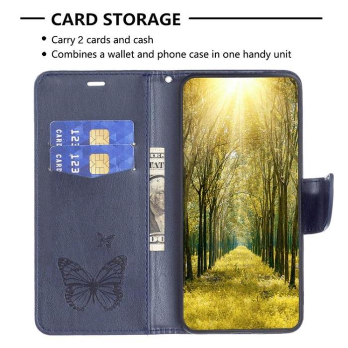 OEM - iPhone 14 Pro Max Plånboksfodral Butterflies Imprinted - Mörkblå