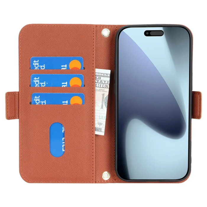 A-One Brand - iPhone 17 Pro Plånboksfodral Cross Texture med Axelrem - Brun