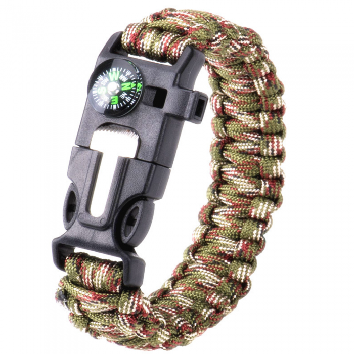 Överlevnadsarmband Paracord l Kompass , Visselpipa , Flintbrandstartare - Grön