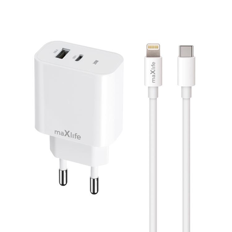 Maxlife Väggladdare USB/USB-C 20W med Lightning Kabel PD QC | 505295 | AlltMobil