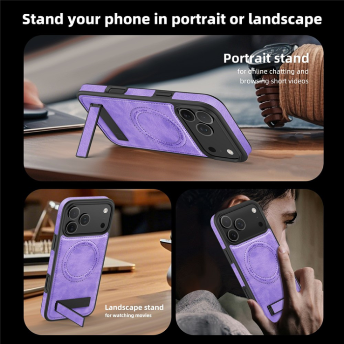 A-One Brand - iPhone 17 Pro Mobilskal MagSafe Kickstand Läder - Ljuslila