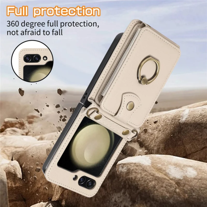 A-One Brand - Galaxy Z Flip7 Plånboksfodral Ring Kickstand med Lång rem - Beige