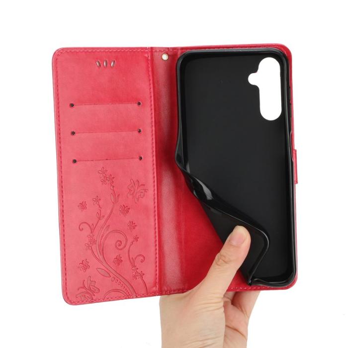 OEM - Samsung Galaxy S26 Plus Plånboksfodral Konstläder Fjäril Blommor - Röd