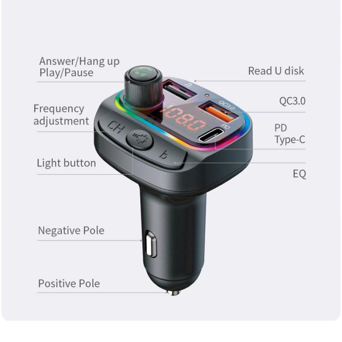 OEM - C14 Färgglad Ljus Dubbel USB Bil Bluetooth-kompatibel MP3 Spelare QC3.0 Laddare