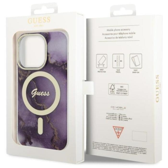 Guess - Guess iPhone 14 Pro Mobilskal MagSafe Guld Marble - Lila
